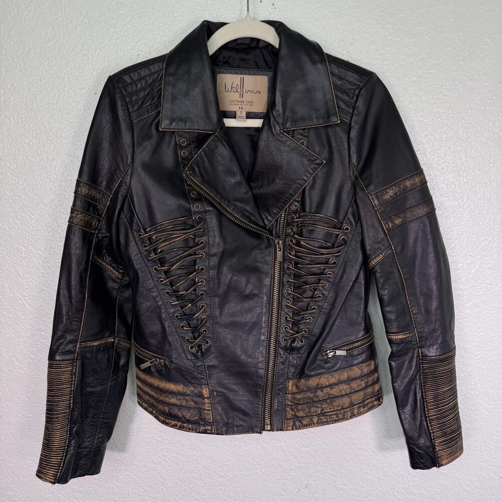 Wilsons Vintage USA Leather Jacket Women Small Lace Up Distressed Biker Moto